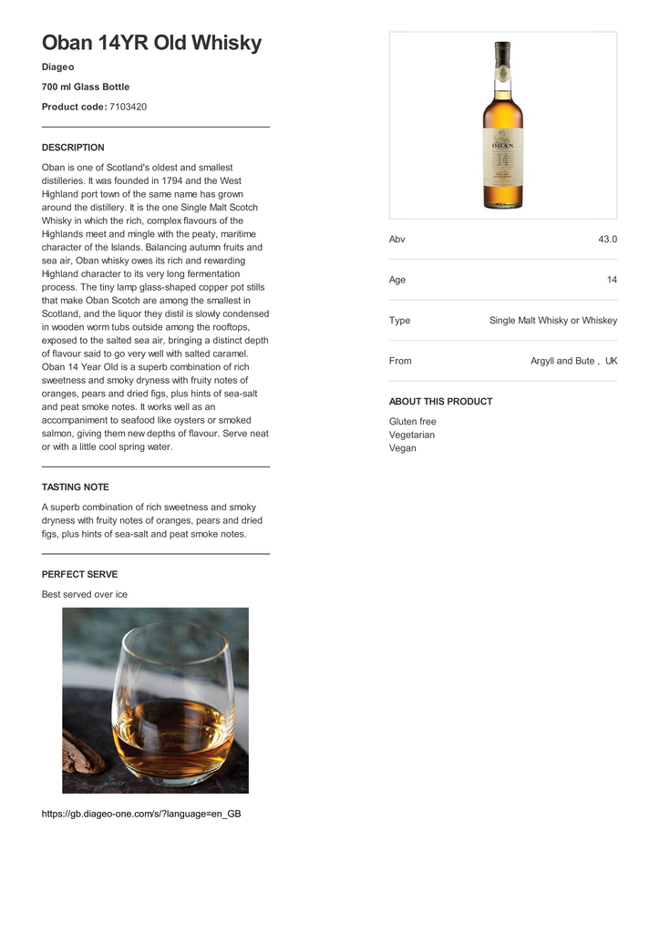OBAN (14yo) SINGLE MALT 70cl [A136]